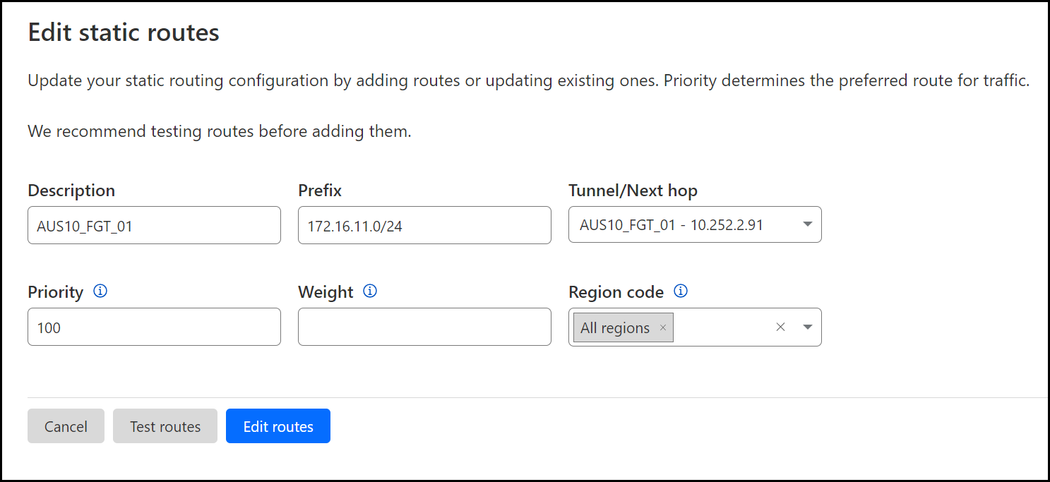 The first static route should have the values mentioned above.