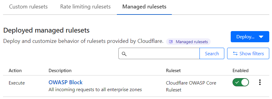 Example WAF Managed Rules configuration in the Managed rulesets tab under Application Security &gt; WAF.